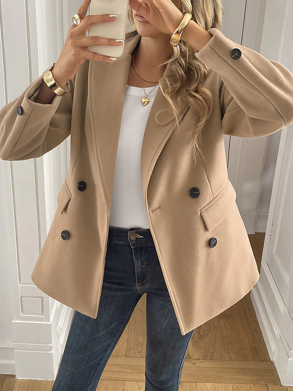 Long Sleeves Loose Buttoned Double-Breasted Solid Color Notched Collar Blazer Jackets&Coats Outerwear - Image 2