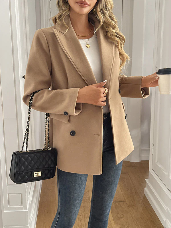 Long Sleeves Loose Buttoned Double-Breasted Solid Color Notched Collar Blazer Jackets&Coats Outerwear - Image 3