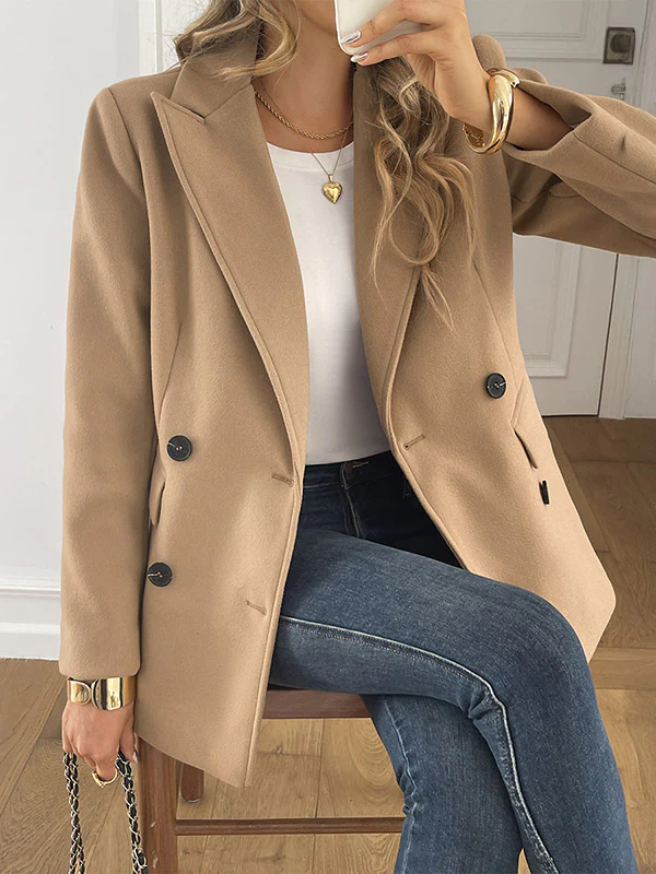 Long Sleeves Loose Buttoned Double-Breasted Solid Color Notched Collar Blazer Jackets&Coats Outerwear - Image 4