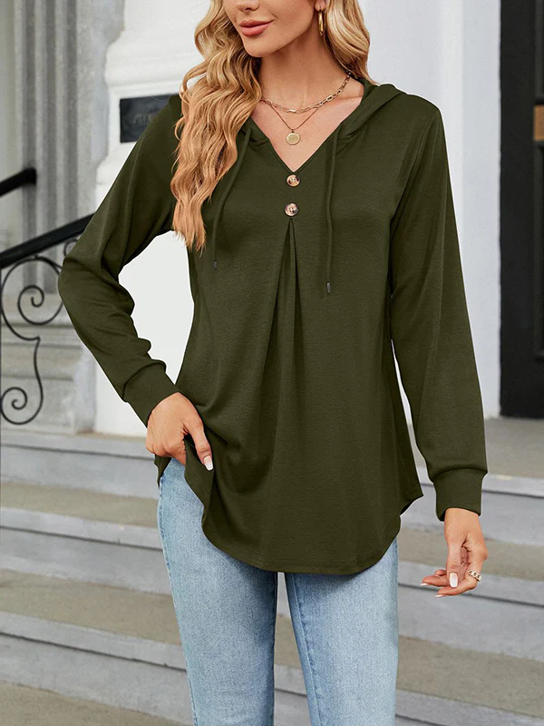 Long Sleeves Loose Buttoned Drawstring Hooded Solid Color V-Neck T-Shirts Tops - Image 10