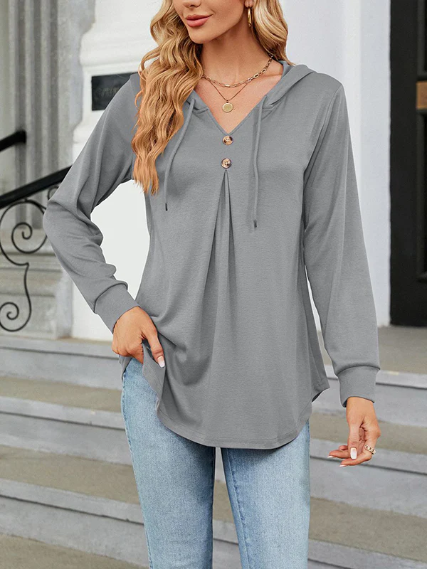 Long Sleeves Loose Buttoned Drawstring Hooded Solid Color V-Neck T-Shirts Tops - Image 12