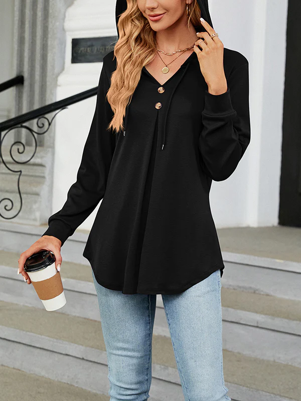 Long Sleeves Loose Buttoned Drawstring Hooded Solid Color V-Neck T-Shirts Tops - Image 13