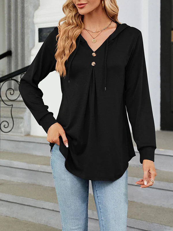 Long Sleeves Loose Buttoned Drawstring Hooded Solid Color V-Neck T-Shirts Tops - Image 14