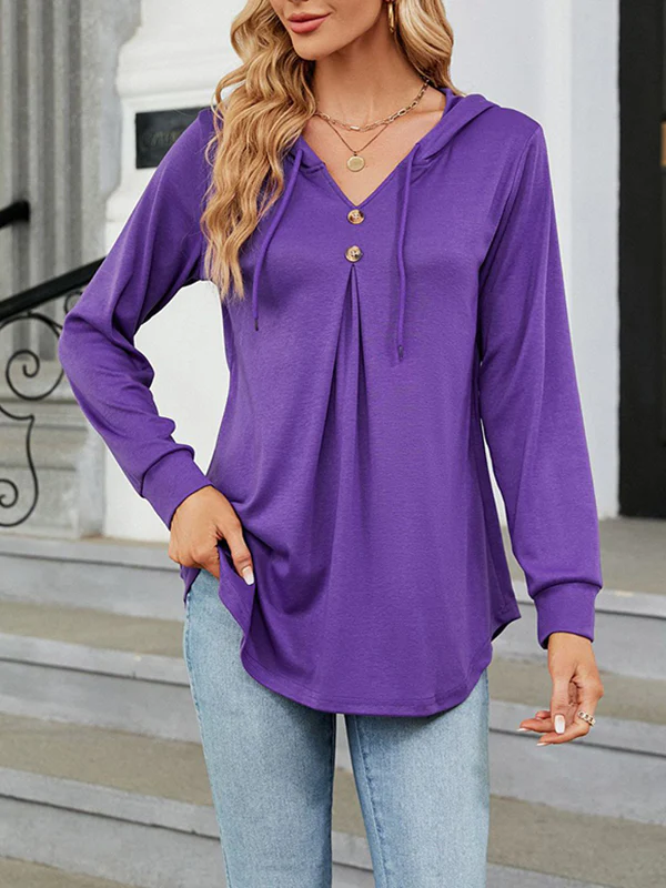 Long Sleeves Loose Buttoned Drawstring Hooded Solid Color V-Neck T-Shirts Tops - Image 16