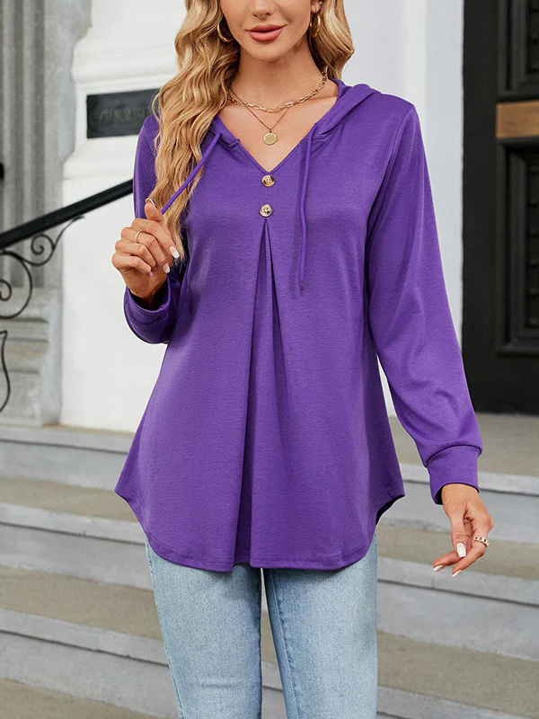 Long Sleeves Loose Buttoned Drawstring Hooded Solid Color V-Neck T-Shirts Tops - Image 17