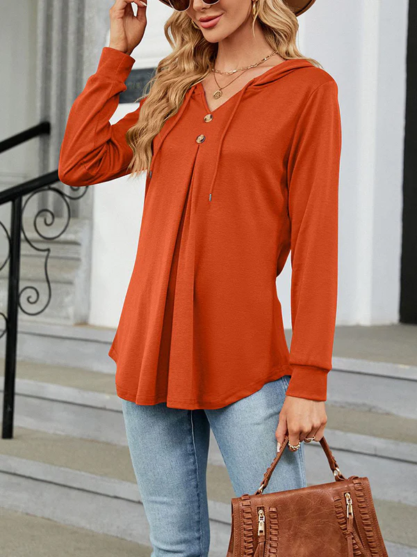 Long Sleeves Loose Buttoned Drawstring Hooded Solid Color V-Neck T-Shirts Tops - Image 19