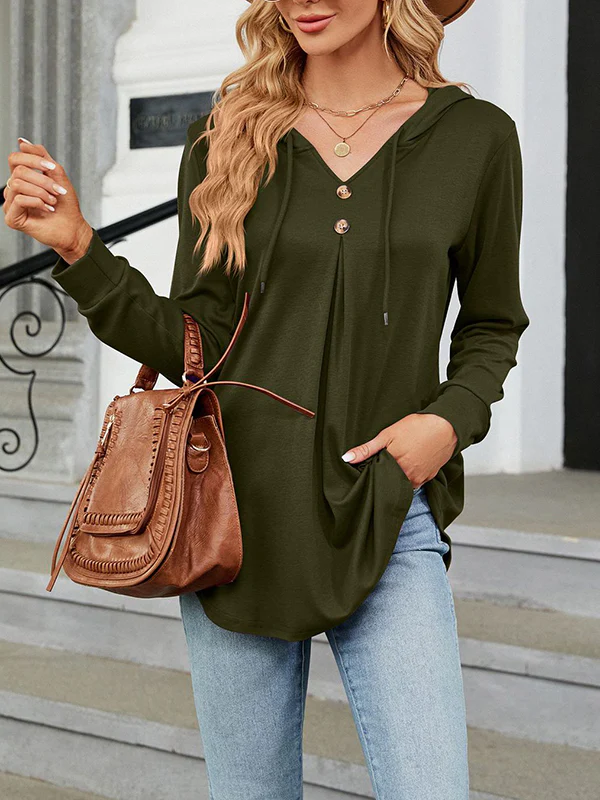 Long Sleeves Loose Buttoned Drawstring Hooded Solid Color V-Neck T-Shirts Tops - Image 2