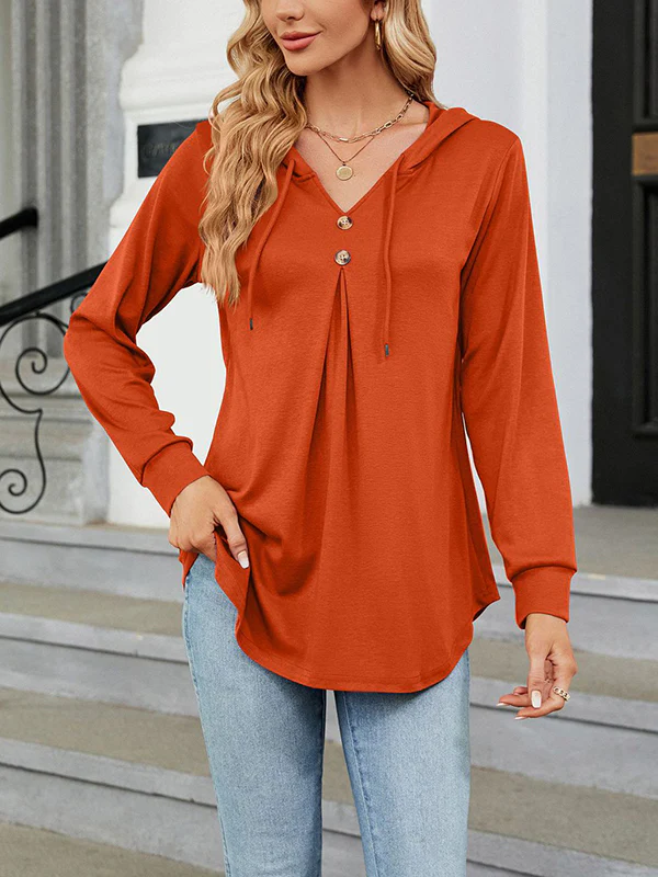 Long Sleeves Loose Buttoned Drawstring Hooded Solid Color V-Neck T-Shirts Tops - Image 20