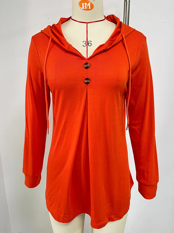 Long Sleeves Loose Buttoned Drawstring Hooded Solid Color V-Neck T-Shirts Tops - Image 21