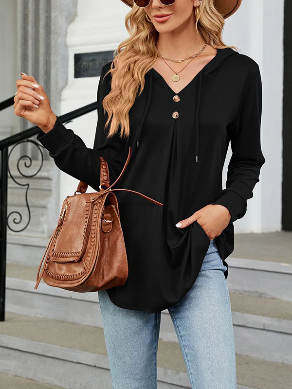 Long Sleeves Loose Buttoned Drawstring Hooded Solid Color V-Neck T-Shirts Tops - Image 3
