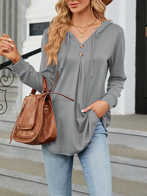 Long Sleeves Loose Buttoned Drawstring Hooded Solid Color V-Neck T-Shirts Tops - Image 4