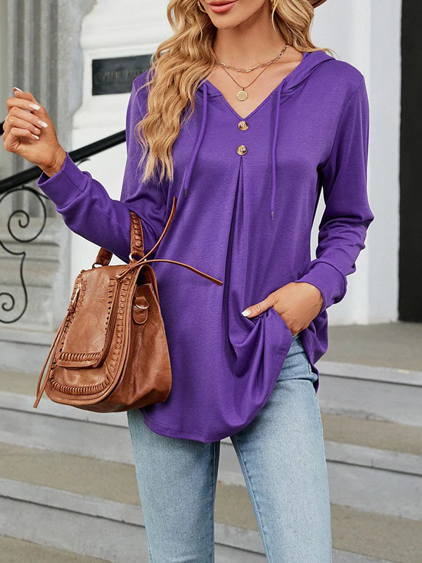 Long Sleeves Loose Buttoned Drawstring Hooded Solid Color V-Neck T-Shirts Tops - Image 5