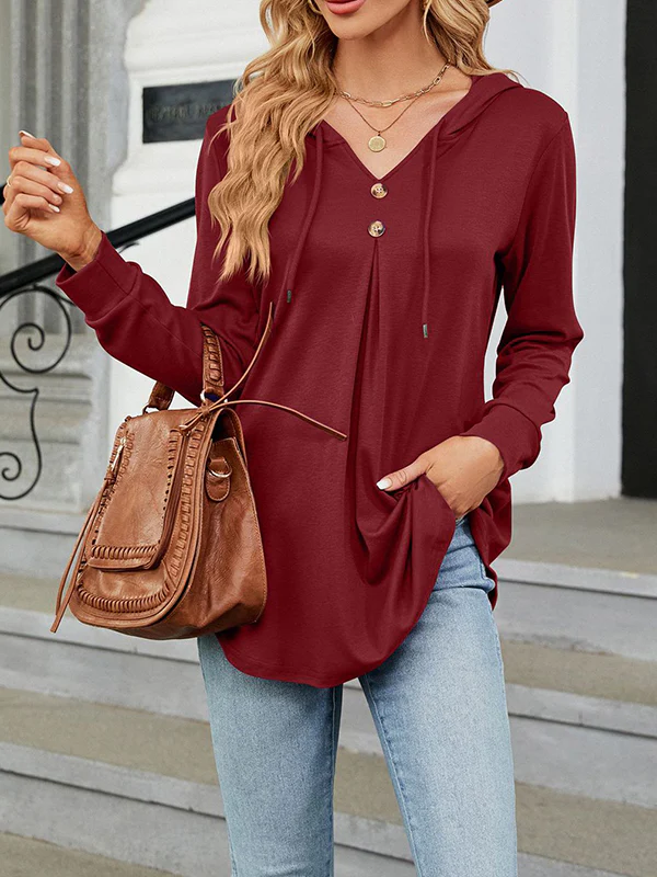 Long Sleeves Loose Buttoned Drawstring Hooded Solid Color V-Neck T-Shirts Tops - Image 6