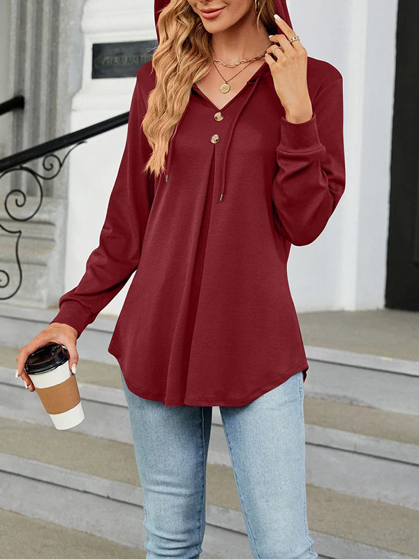 Long Sleeves Loose Buttoned Drawstring Hooded Solid Color V-Neck T-Shirts Tops - Image 7