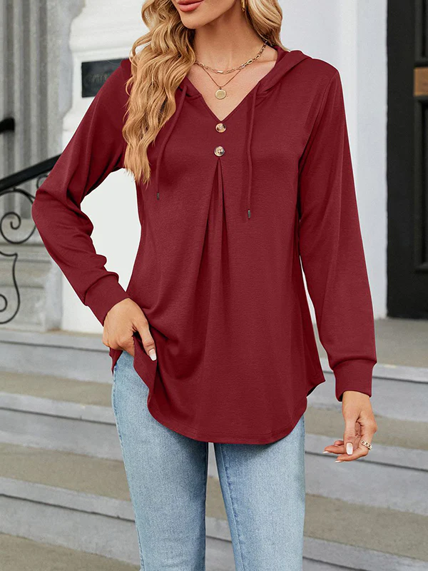 Long Sleeves Loose Buttoned Drawstring Hooded Solid Color V-Neck T-Shirts Tops - Image 8