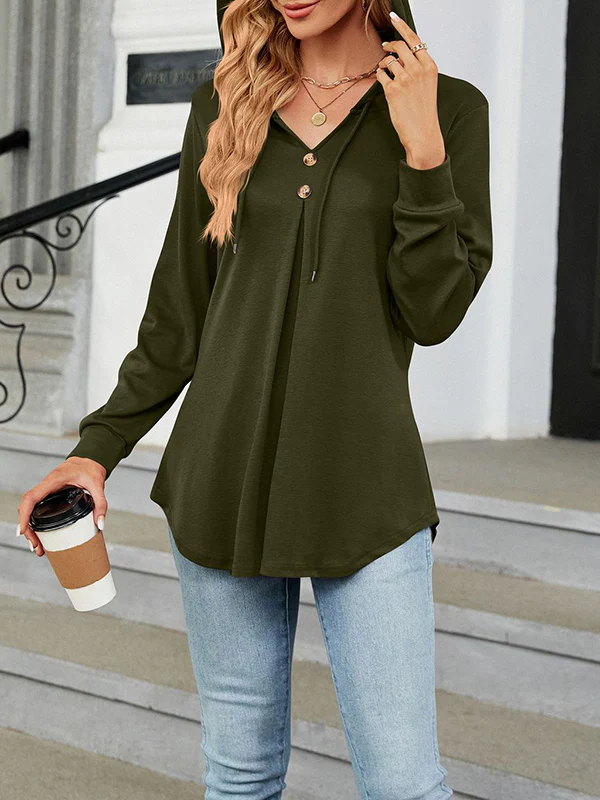 Long Sleeves Loose Buttoned Drawstring Hooded Solid Color V-Neck T-Shirts Tops - Image 9