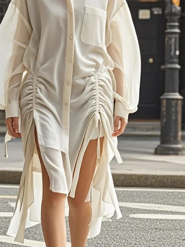 Long Sleeves Loose Buttoned Drawstring Pleated Pockets Solid Color Lapel Midi Dresses Shirt Dress - Image 2