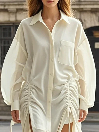 Long Sleeves Loose Buttoned Drawstring Pleated Pockets Solid Color Lapel Midi Dresses Shirt Dress - Image 3