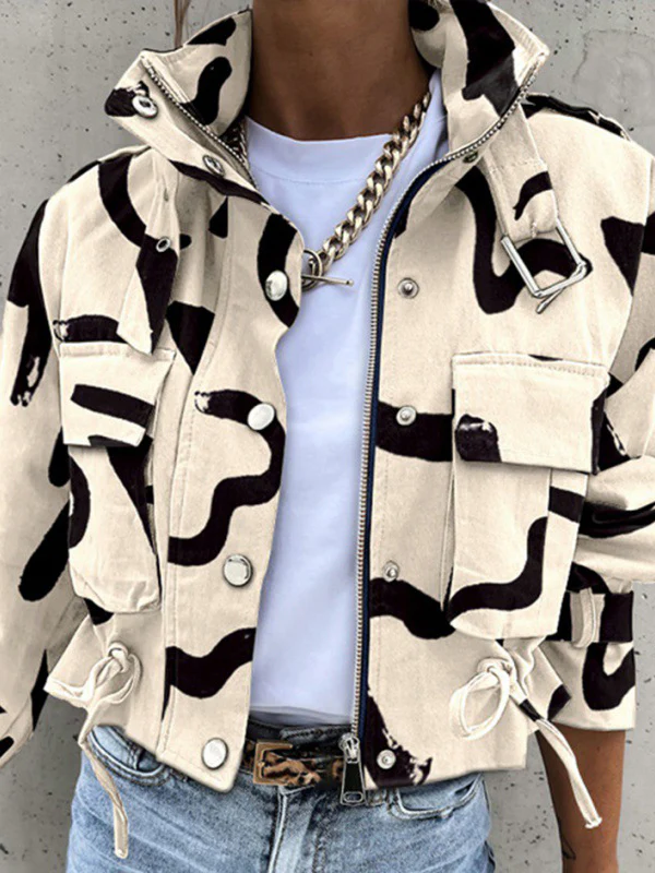 Long Sleeves Loose Buttoned Drawstring Pockets Printed Split-Joint Zipper Stand Collar Jackets Outerwear - Image 3