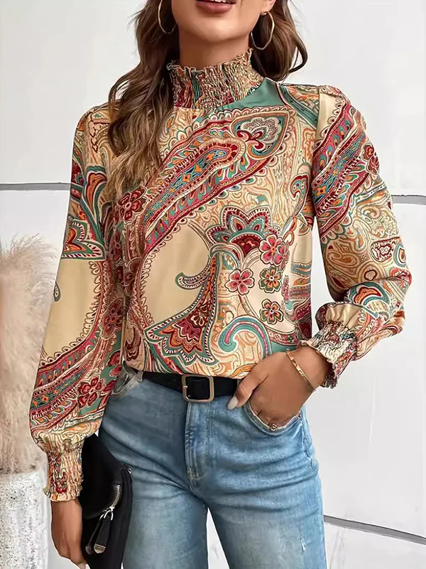 Long Sleeves Loose Buttoned Elasticity Flower Print Hollow Split-Joint Mock Neck Blouses&Shirts Tops - Image 2