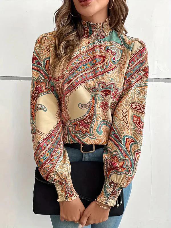 Long Sleeves Loose Buttoned Elasticity Flower Print Hollow Split-Joint Mock Neck Blouses&Shirts Tops - Image 3