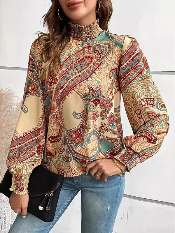 Long Sleeves Loose Buttoned Elasticity Flower Print Hollow Split-Joint Mock Neck Blouses&Shirts Tops - Image 4