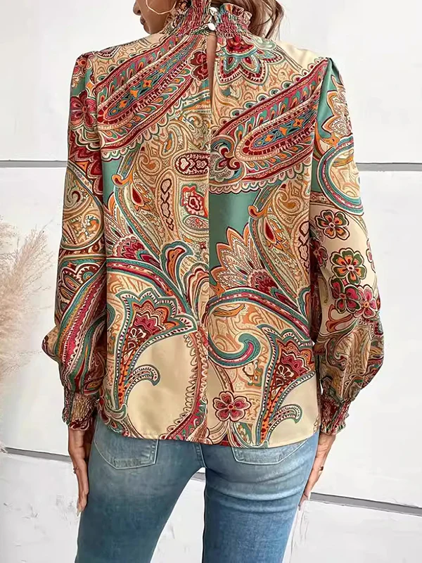 Long Sleeves Loose Buttoned Elasticity Flower Print Hollow Split-Joint Mock Neck Blouses&Shirts Tops - Image 5