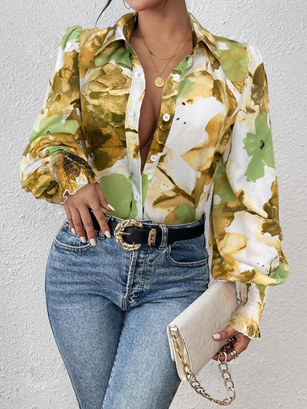Long Sleeves Loose Buttoned Elasticity Flower Print Pleated Lapel Blouses&Shirts Tops - Image 10