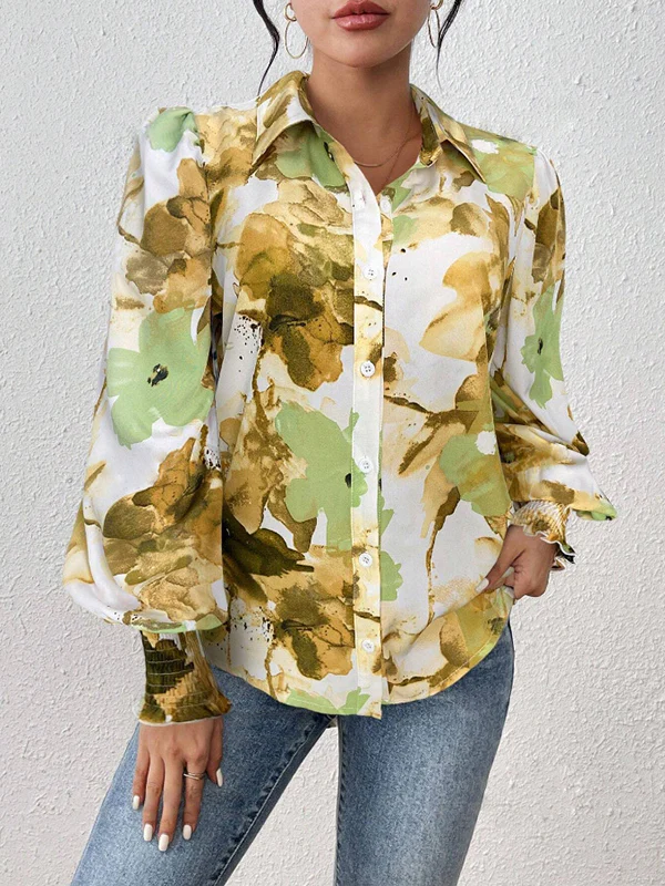 Long Sleeves Loose Buttoned Elasticity Flower Print Pleated Lapel Blouses&Shirts Tops - Image 11