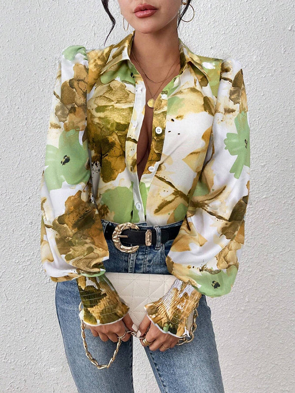 Long Sleeves Loose Buttoned Elasticity Flower Print Pleated Lapel Blouses&Shirts Tops - Image 12