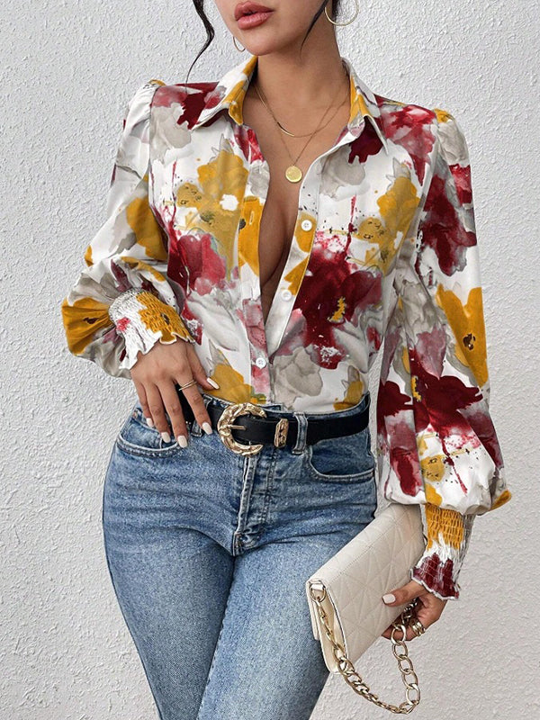 Long Sleeves Loose Buttoned Elasticity Flower Print Pleated Lapel Blouses&Shirts Tops - Image 13