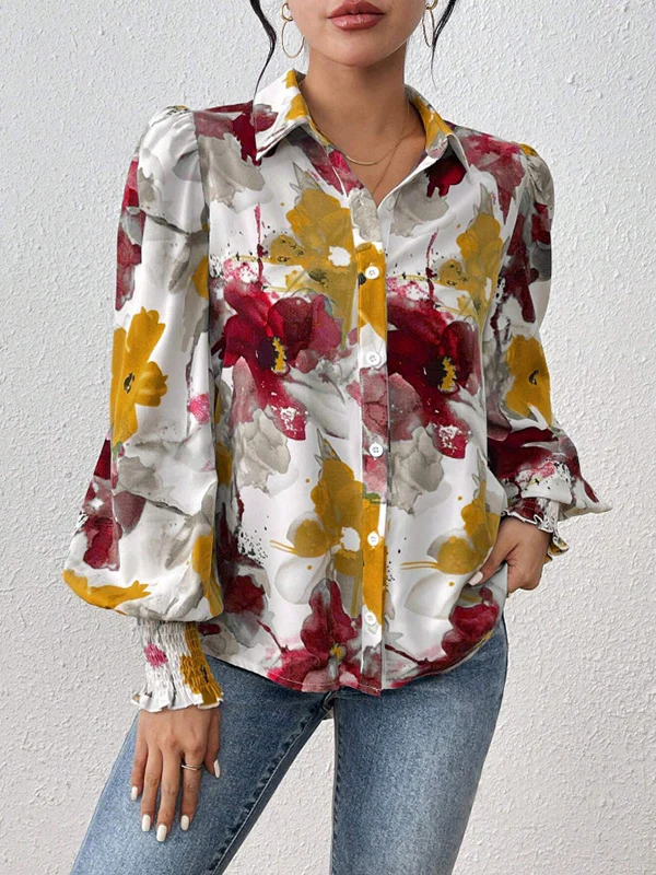 Long Sleeves Loose Buttoned Elasticity Flower Print Pleated Lapel Blouses&Shirts Tops - Image 14