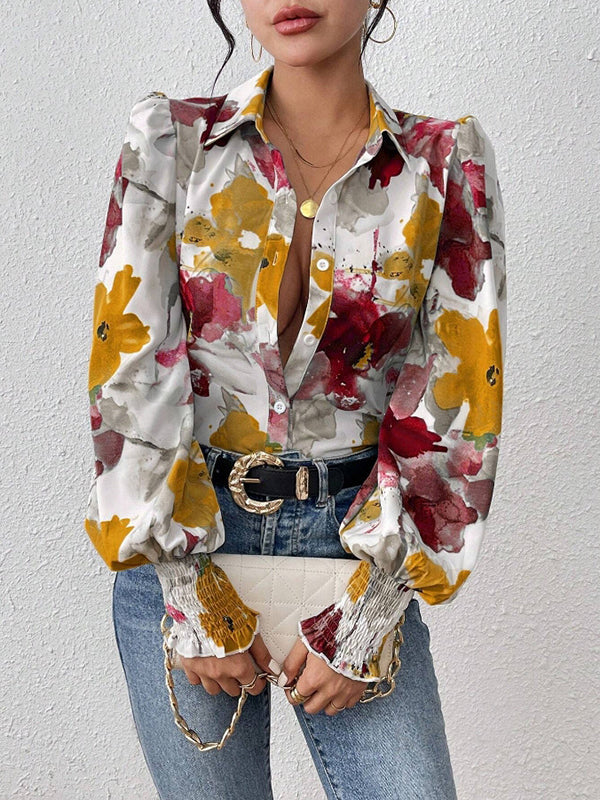 Long Sleeves Loose Buttoned Elasticity Flower Print Pleated Lapel Blouses&Shirts Tops - Image 2