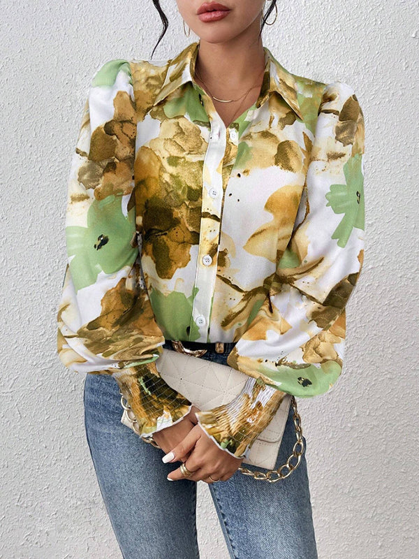Long Sleeves Loose Buttoned Elasticity Flower Print Pleated Lapel Blouses&Shirts Tops - Image 3
