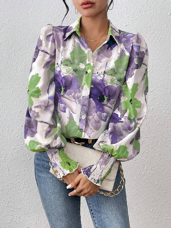 Long Sleeves Loose Buttoned Elasticity Flower Print Pleated Lapel Blouses&Shirts Tops - Image 4