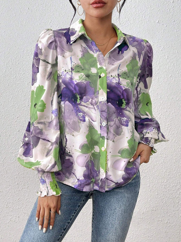 Long Sleeves Loose Buttoned Elasticity Flower Print Pleated Lapel Blouses&Shirts Tops - Image 6