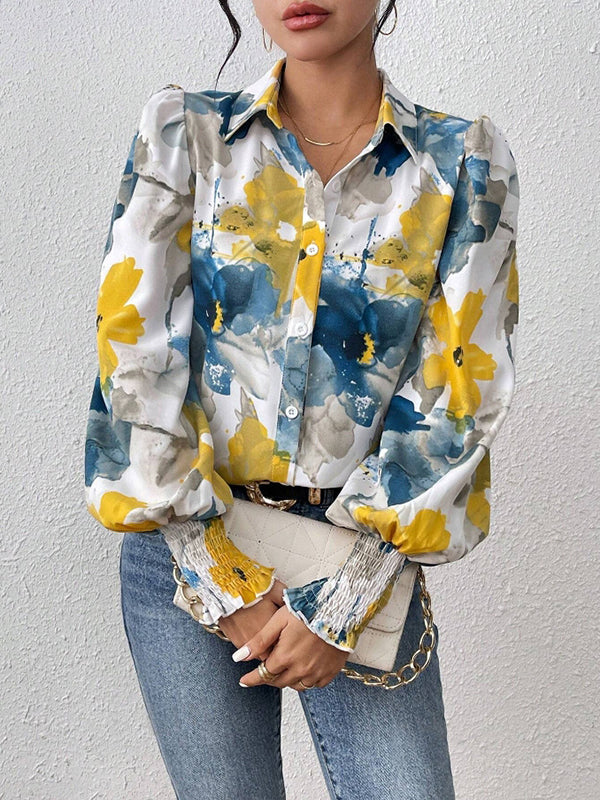 Long Sleeves Loose Buttoned Elasticity Flower Print Pleated Lapel Blouses&Shirts Tops - Image 7