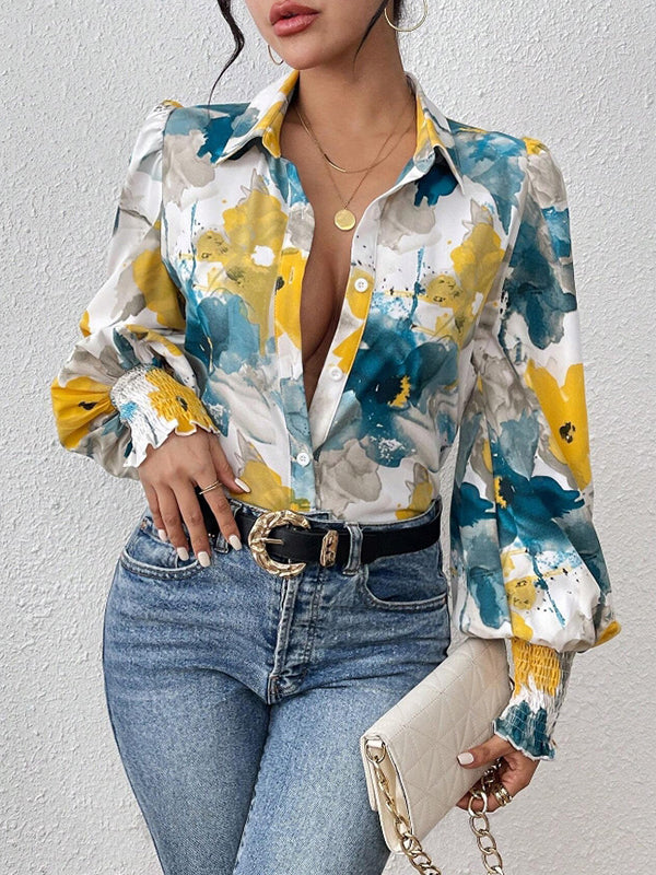 Long Sleeves Loose Buttoned Elasticity Flower Print Pleated Lapel Blouses&Shirts Tops - Image 8