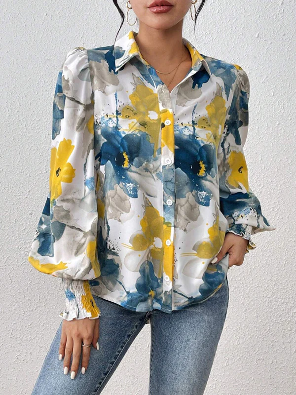 Long Sleeves Loose Buttoned Elasticity Flower Print Pleated Lapel Blouses&Shirts Tops - Image 9