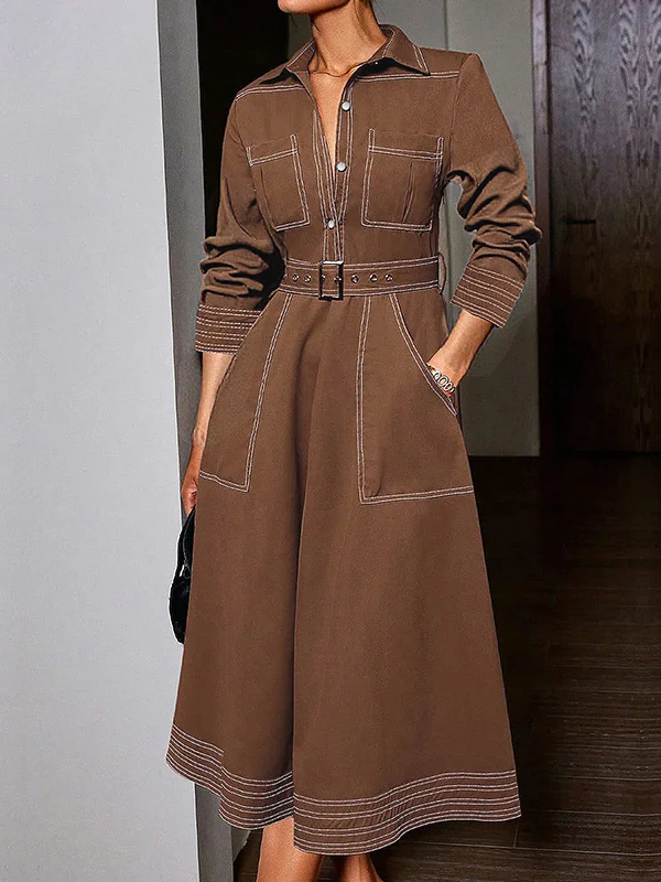 Long Sleeves Loose Buttoned Elasticity Pockets Solid Color Lapel Maxi Dresses - Image 2
