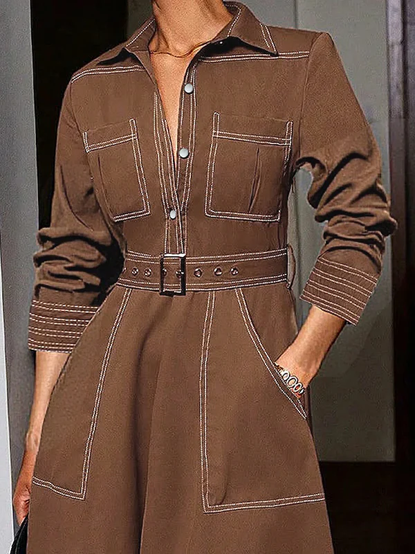 Long Sleeves Loose Buttoned Elasticity Pockets Solid Color Lapel Maxi Dresses - Image 3
