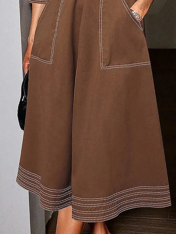 Long Sleeves Loose Buttoned Elasticity Pockets Solid Color Lapel Maxi Dresses - Image 4