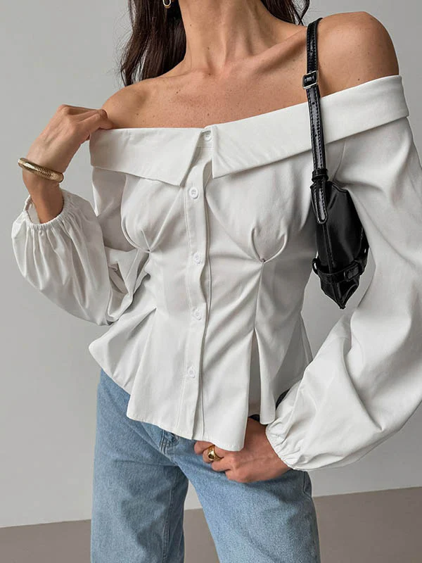 Long Sleeves Loose Buttoned Elasticity Pockets Solid Color Off-The-Shoulder Blouses&Shirts Tops - Image 2