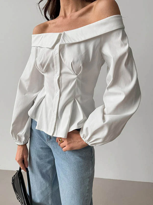Long Sleeves Loose Buttoned Elasticity Pockets Solid Color Off-The-Shoulder Blouses&Shirts Tops - Image 3