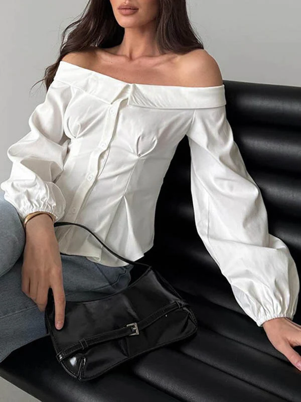 Long Sleeves Loose Buttoned Elasticity Pockets Solid Color Off-The-Shoulder Blouses&Shirts Tops - Image 4