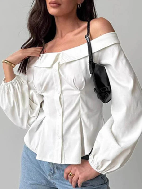 Long Sleeves Loose Buttoned Elasticity Pockets Solid Color Off-The-Shoulder Blouses&Shirts Tops - Image 5
