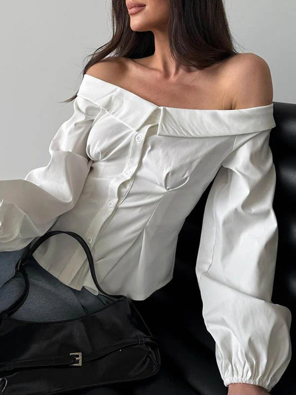 Long Sleeves Loose Buttoned Elasticity Pockets Solid Color Off-The-Shoulder Blouses&Shirts Tops - Image 6