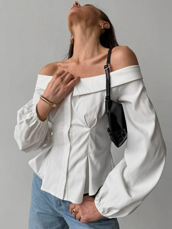 Long Sleeves Loose Buttoned Elasticity Pockets Solid Color Off-The-Shoulder Blouses&Shirts Tops - Image 7