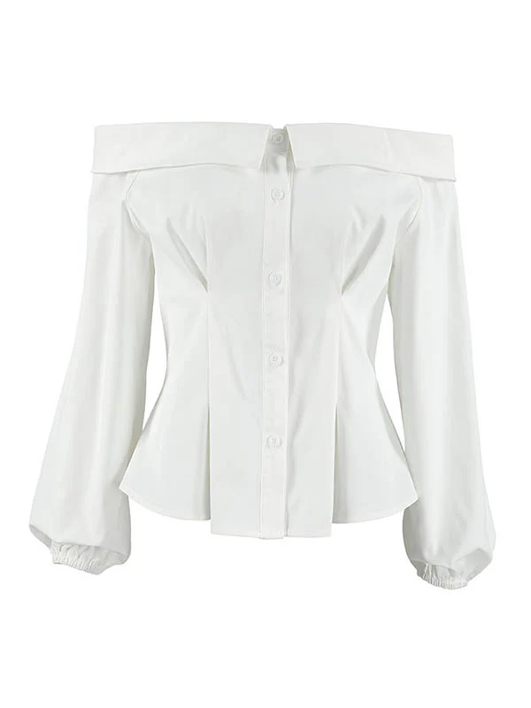 Long Sleeves Loose Buttoned Elasticity Pockets Solid Color Off-The-Shoulder Blouses&Shirts Tops - Image 8
