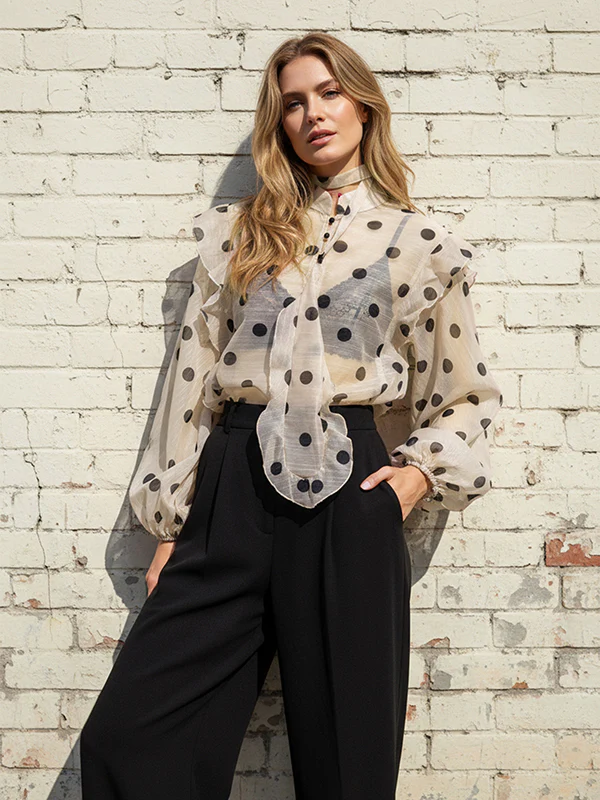 Long Sleeves Loose Buttoned Elasticity Polka-Dot Ruffle Trim See-Through V-Neck Blouses&Shirts Tops - Image 4